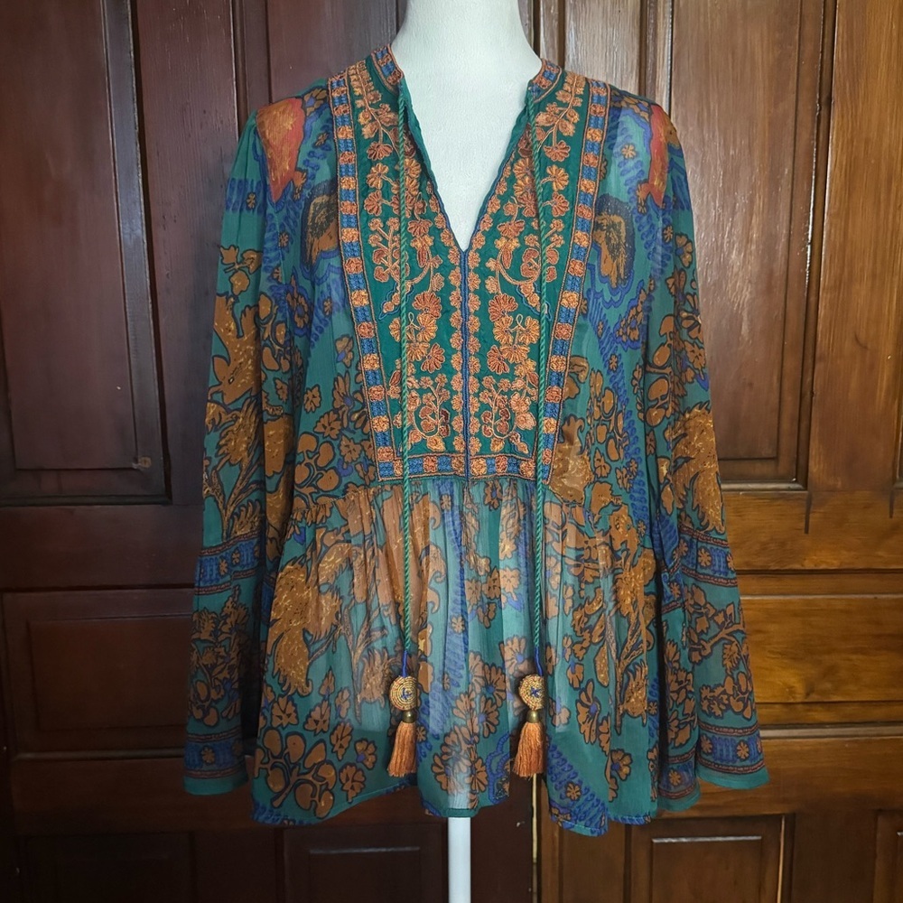 Soft Surroundings Sheer Embroidered Tunic Top Boho Size Large